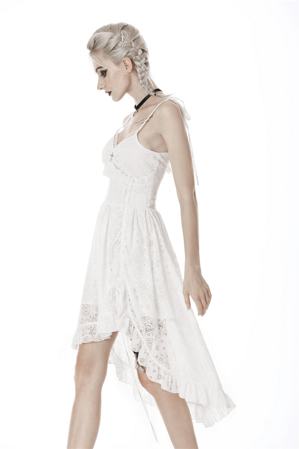 Stylish Gothic White Lace Midi Dress with Asymmetric Hem and Intricate Detailing, perfect for an edgy look.