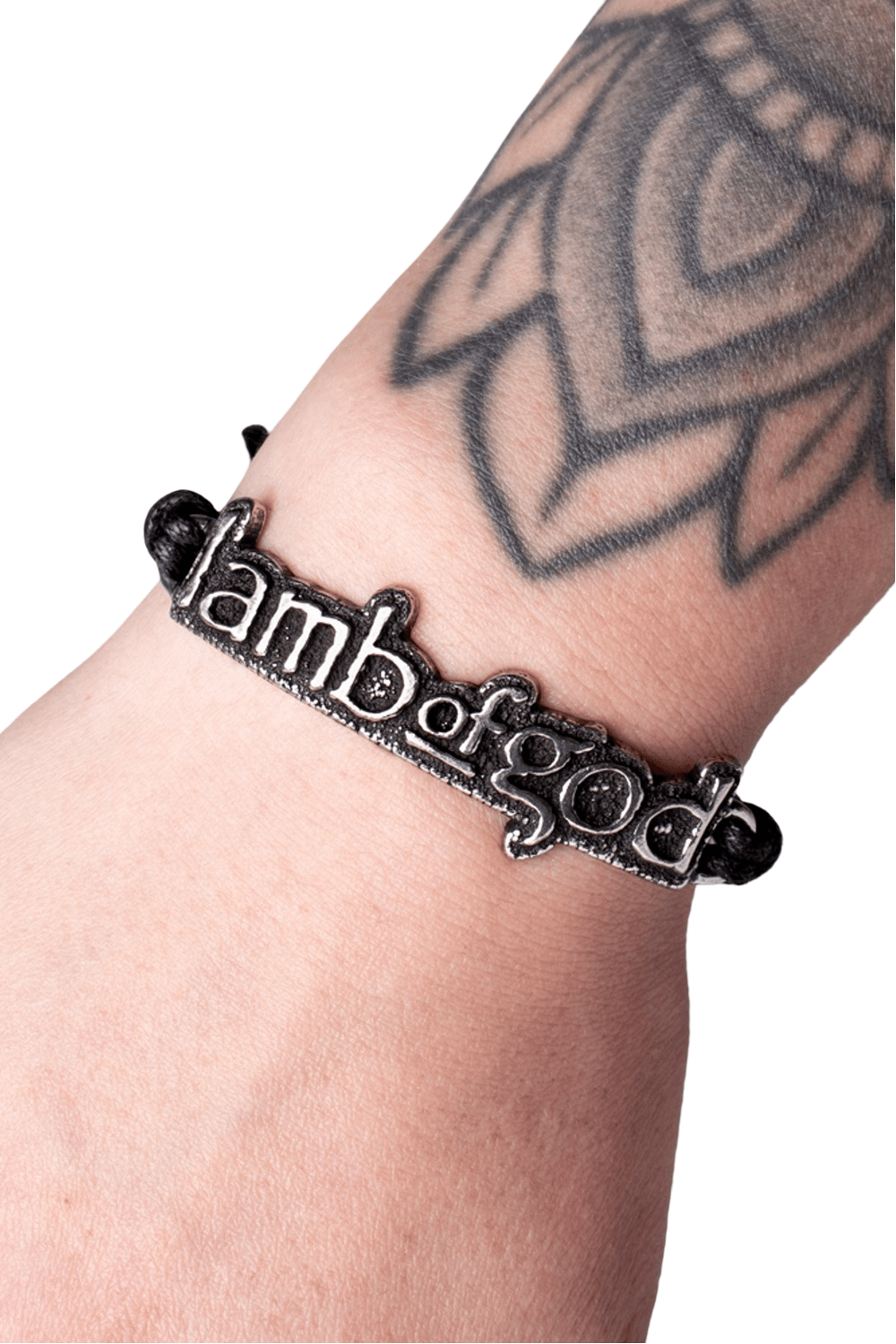 Lamb of God adjustable waxed cord bracelet on wrist showcasing 3D pewter logo and stylish tattoo.