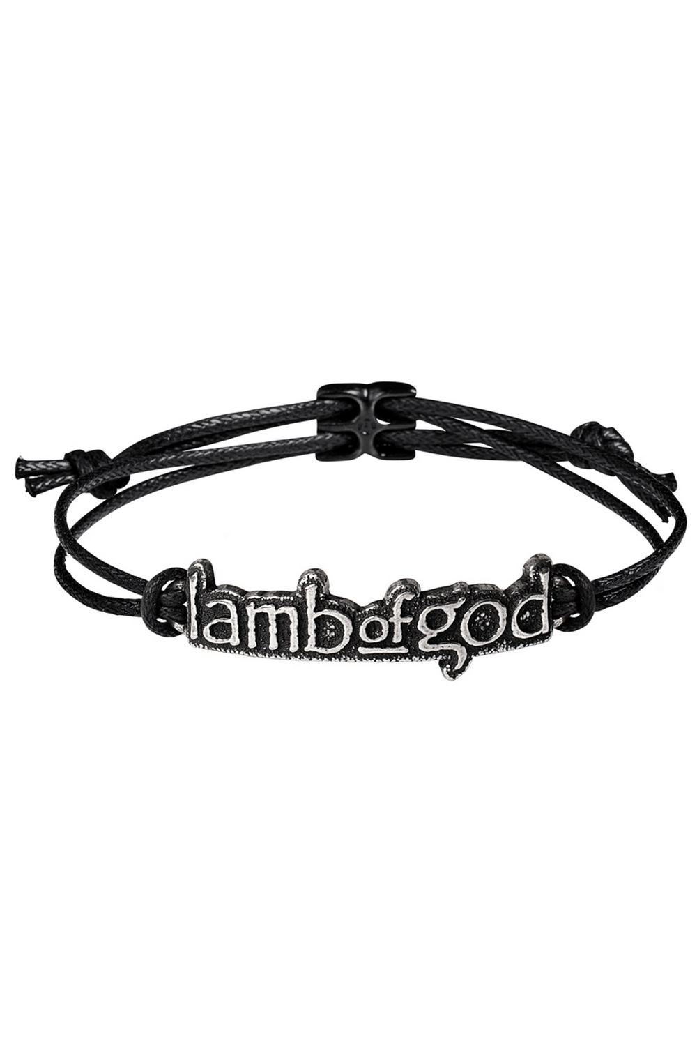Lamb of God Logo Adjustable Waxed Cord Bracelet with 3D pewter logo and black cord, perfect for fans.