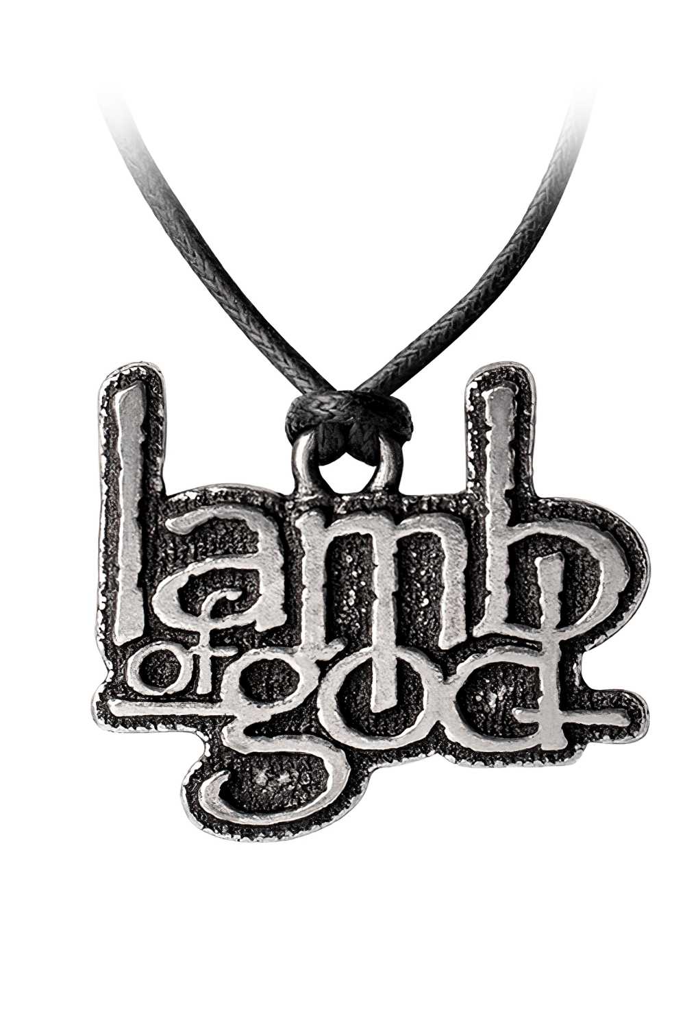 Lamb of God pendant with iconic stacked logo on a black leather cord for metal band fans.
