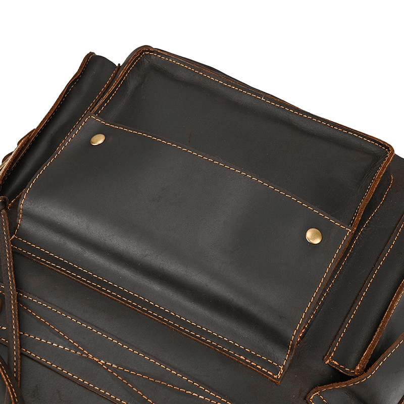 Detail of a large genuine leather backpack showcasing functional pockets and stylish stitching.