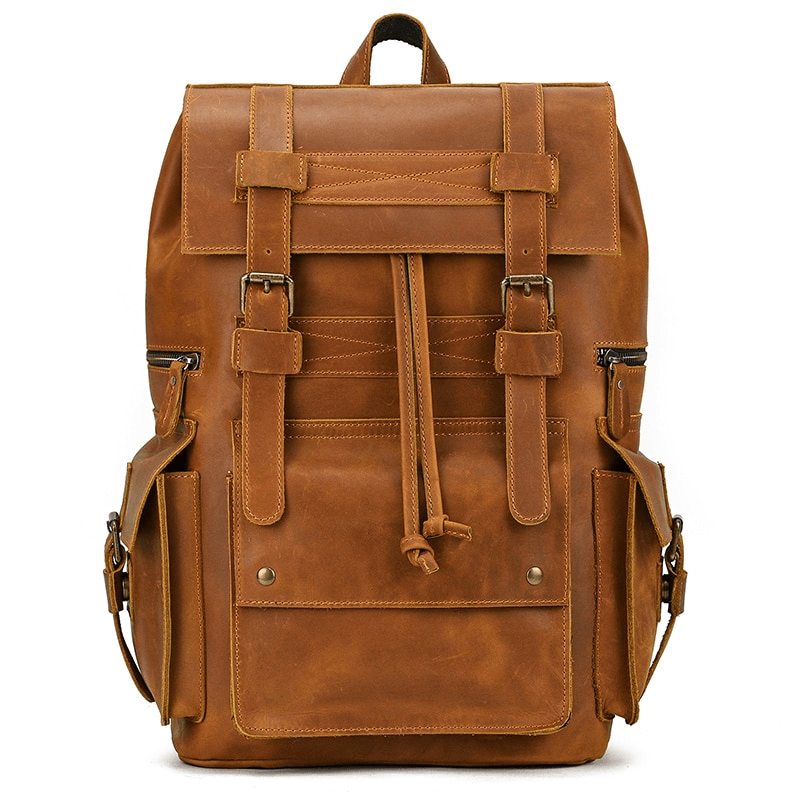 Large genuine leather unisex backpack with multiple pockets, perfect for travel and daily essentials.