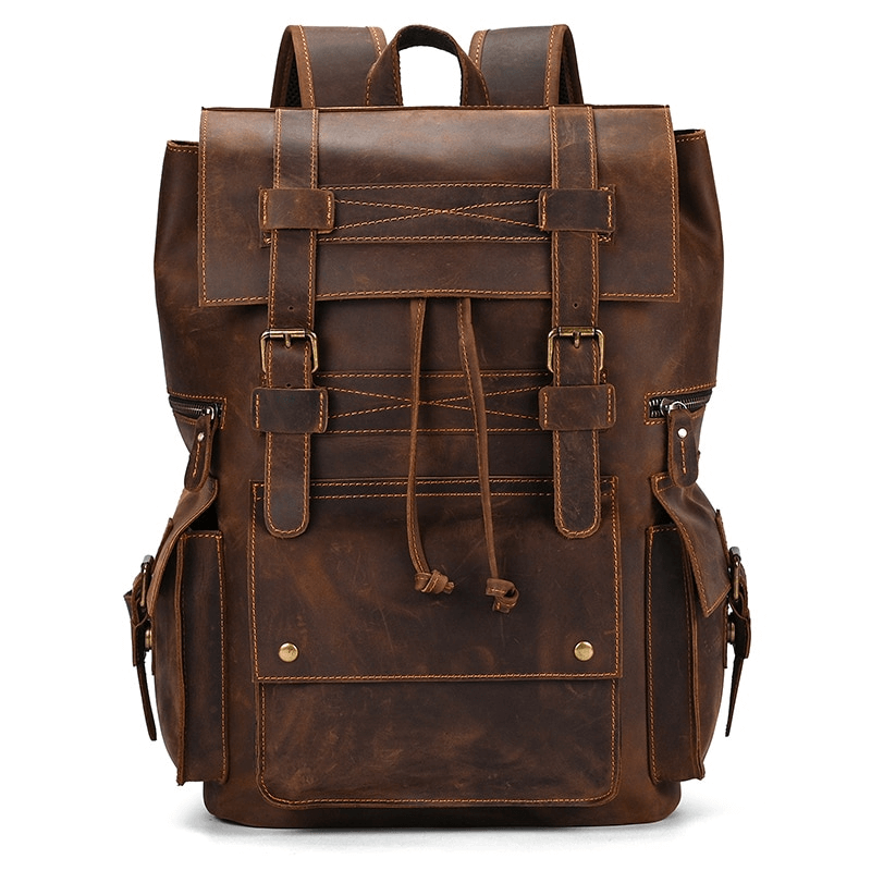 Stylish large genuine leather laptop travel backpack with multiple pockets for organization.