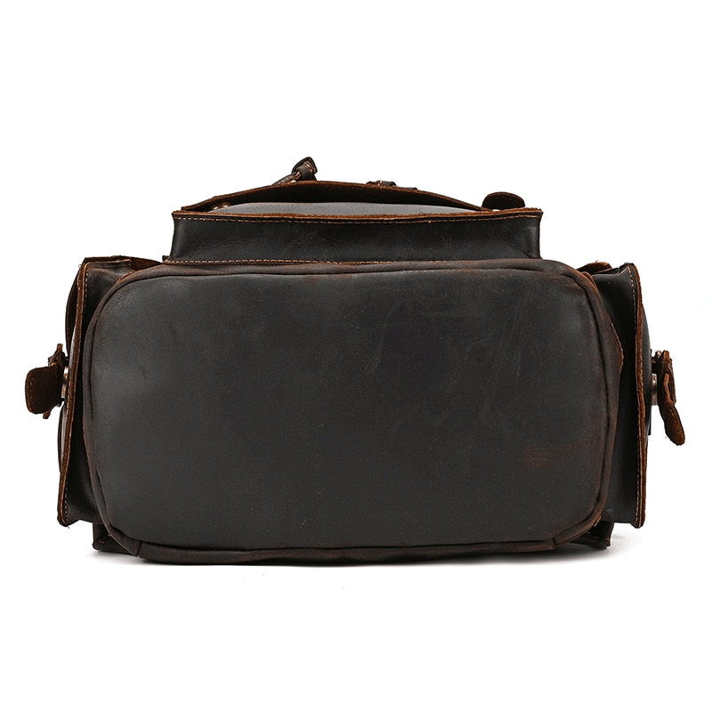 Large genuine leather laptop travel backpack showcasing its spacious design and high-quality craftsmanship.