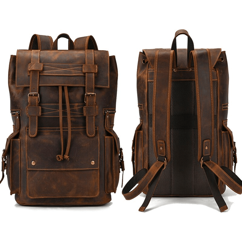 Large genuine leather laptop travel backpack with multiple pockets for organization, ideal for men and women.