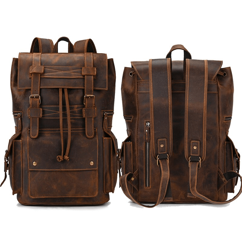 Stylish large genuine leather backpack with many pockets for casual or travel use, ideal for men and women.