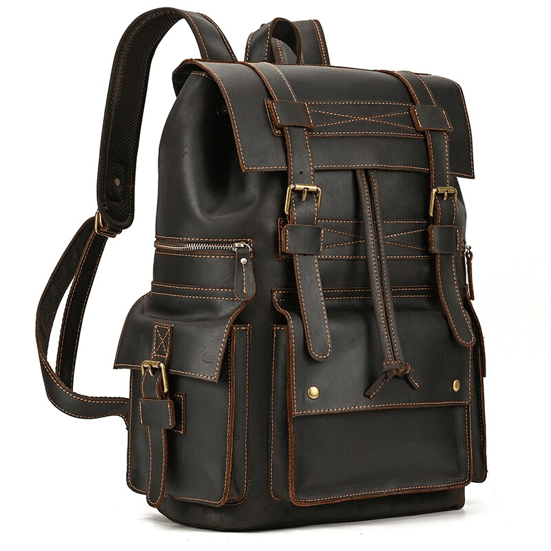 Large genuine leather laptop travel backpack with multiple pockets for organization, unisex design, stylish and functional.