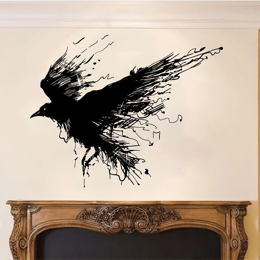 Large Gothic Raven Wall Decal with Ink Splash Wings
