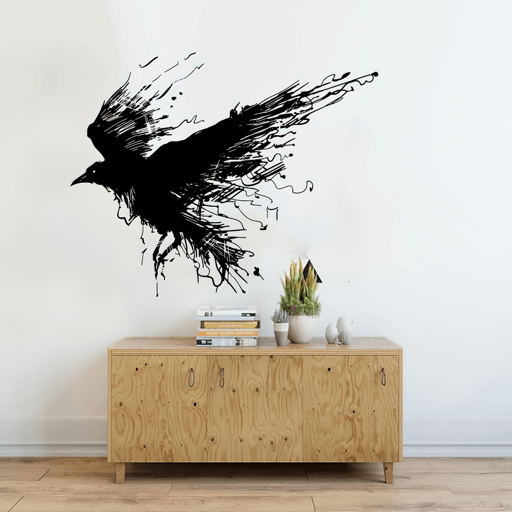 Large Gothic Raven Wall Decal with Ink Splash Wings
