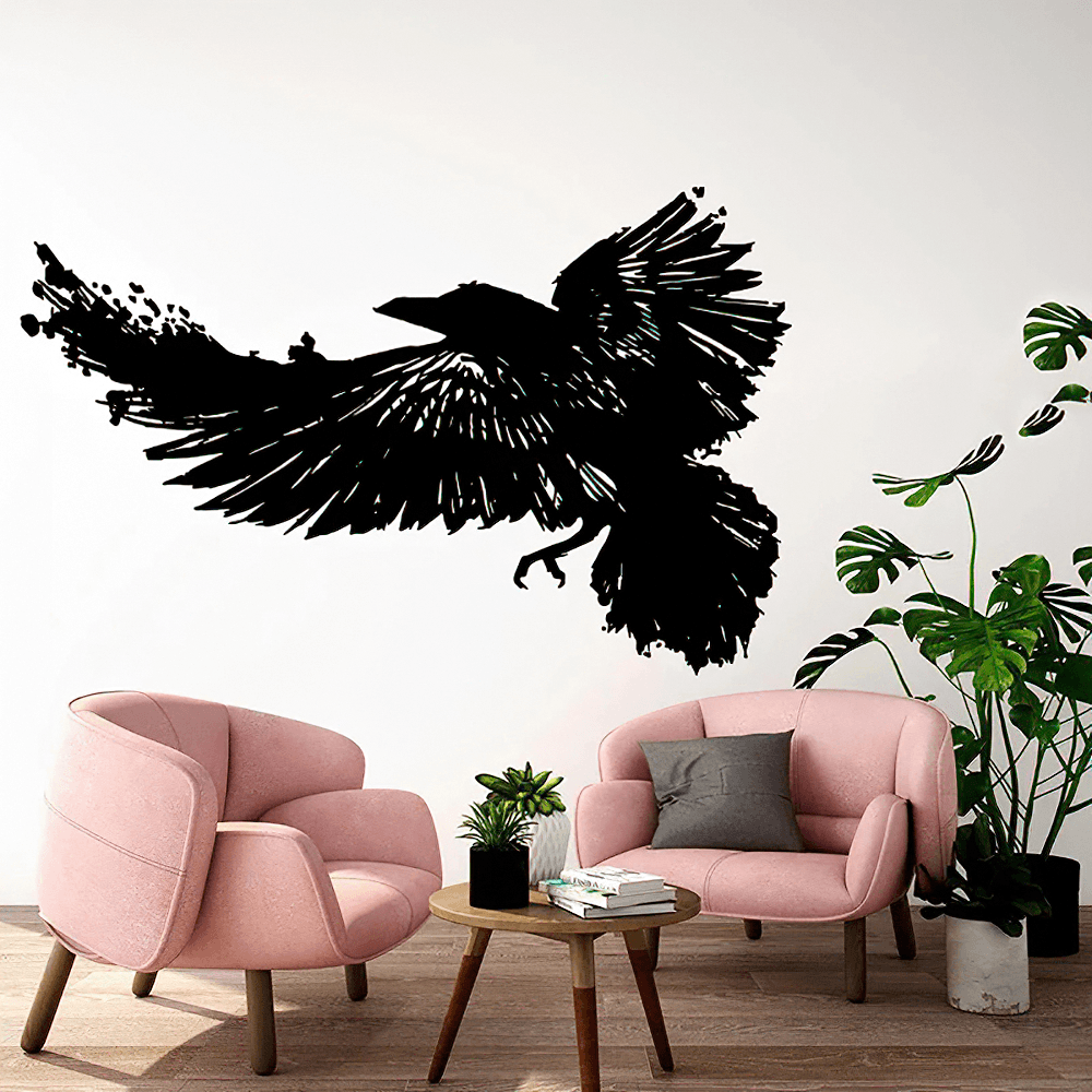 Large Raven Bird Wall Sticker for Gothic Room Decor on a wall above pink chairs in a stylish living space.