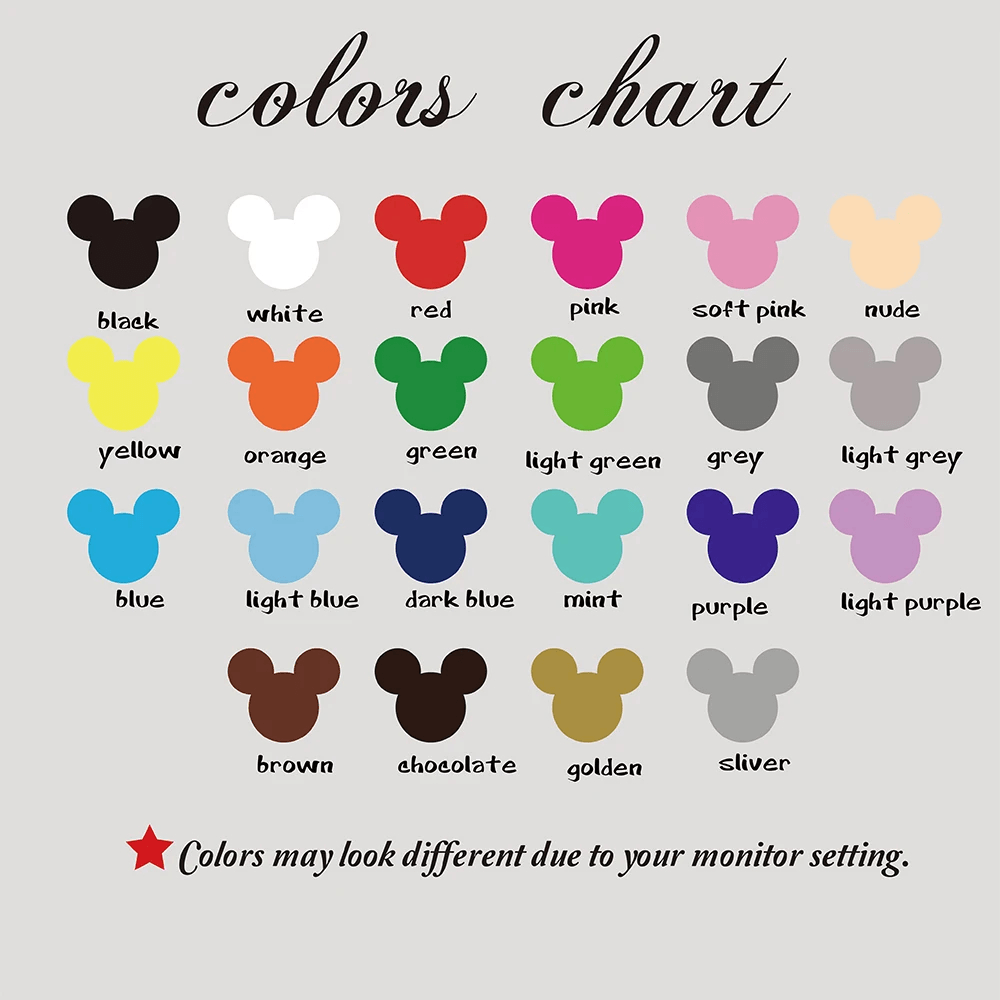 Colors chart featuring Mickey Mouse shapes in various shades for design inspiration.