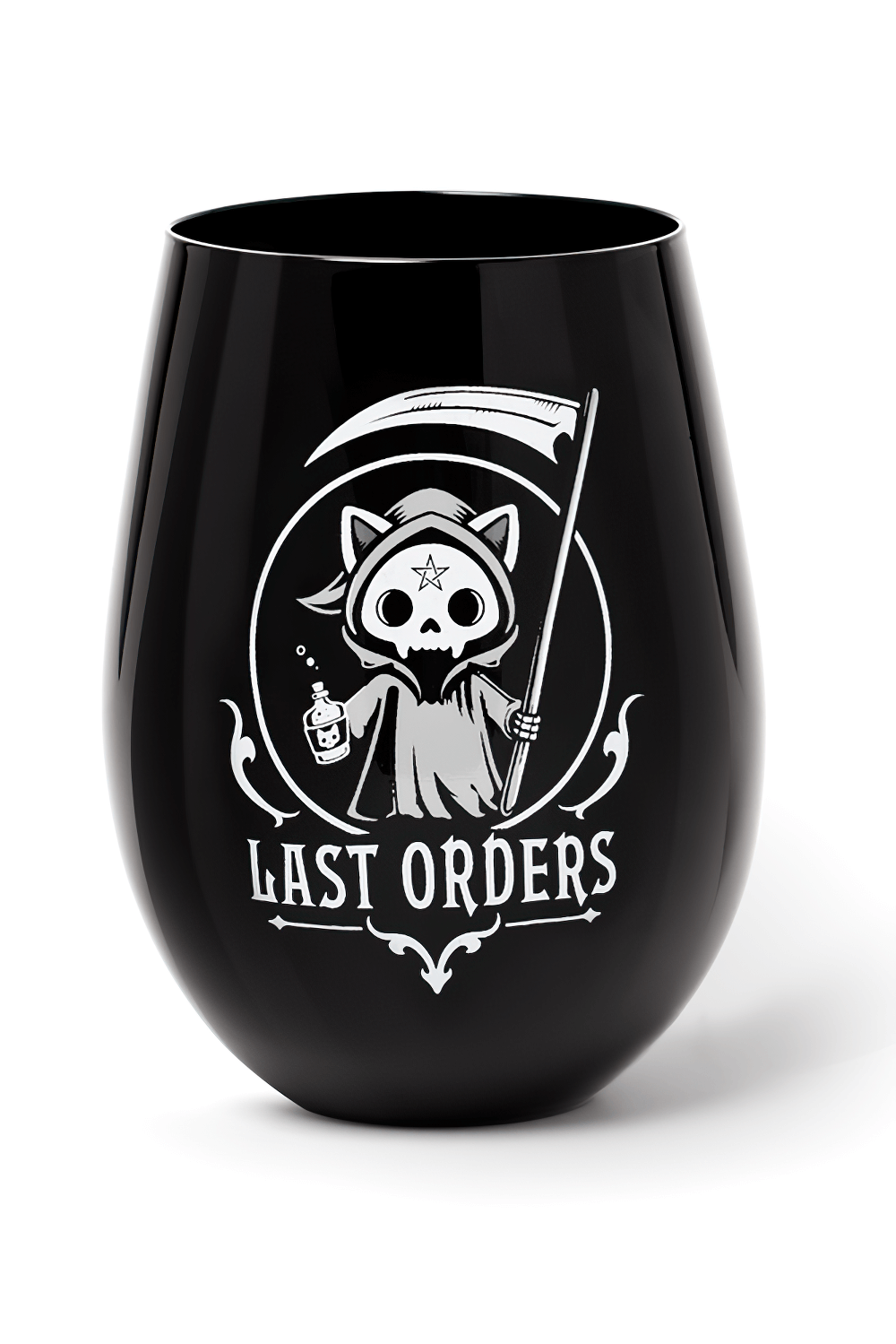 Last Orders gothic black stemless drinking glass featuring a playful reaper cat design for midnight toasts.