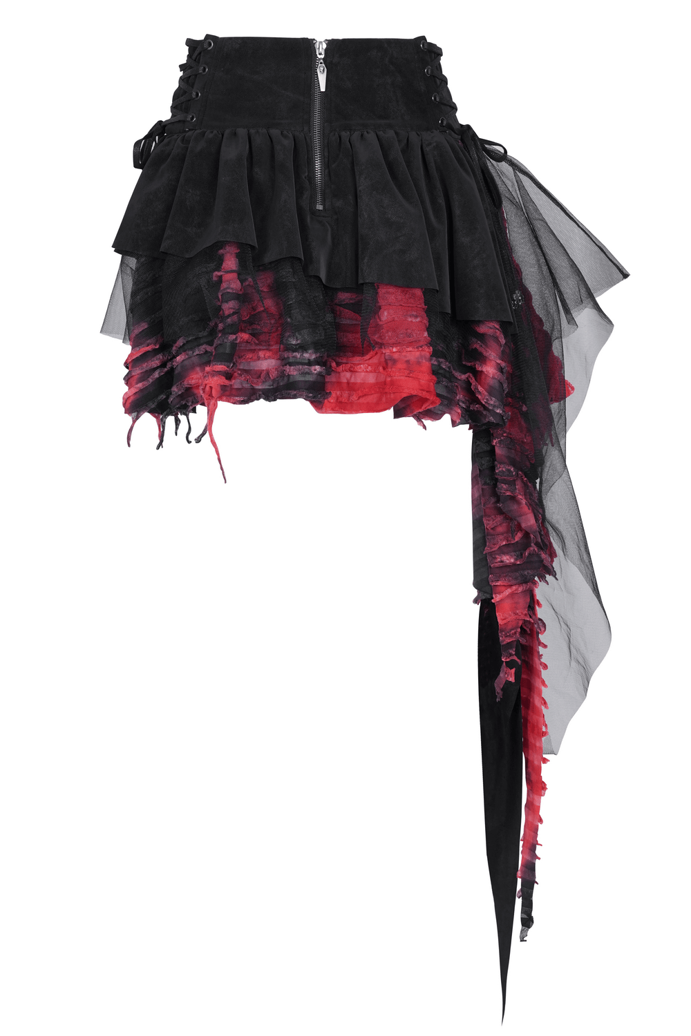 Layered asymmetrical gothic skirt in red and black with lace, tulle, and edgy buckle details for alternative fashion.