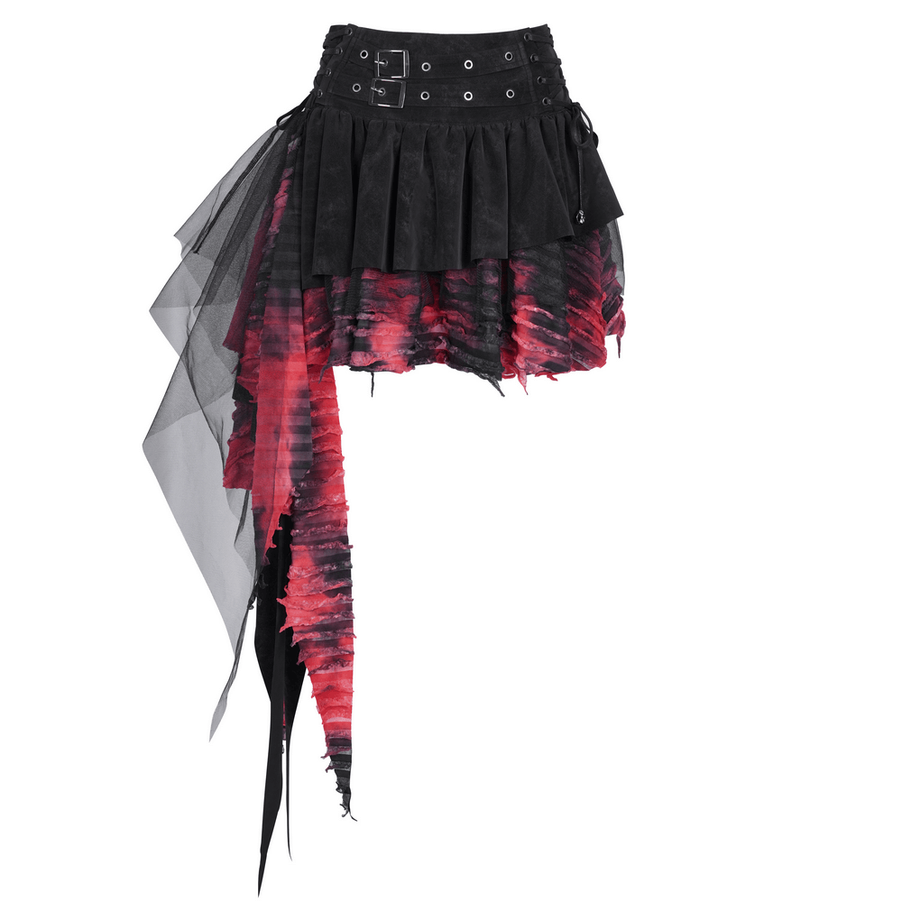 Edgy layered asymmetrical goth skirt in red and black with lace, tulle, and buckle details for alternative fashion.