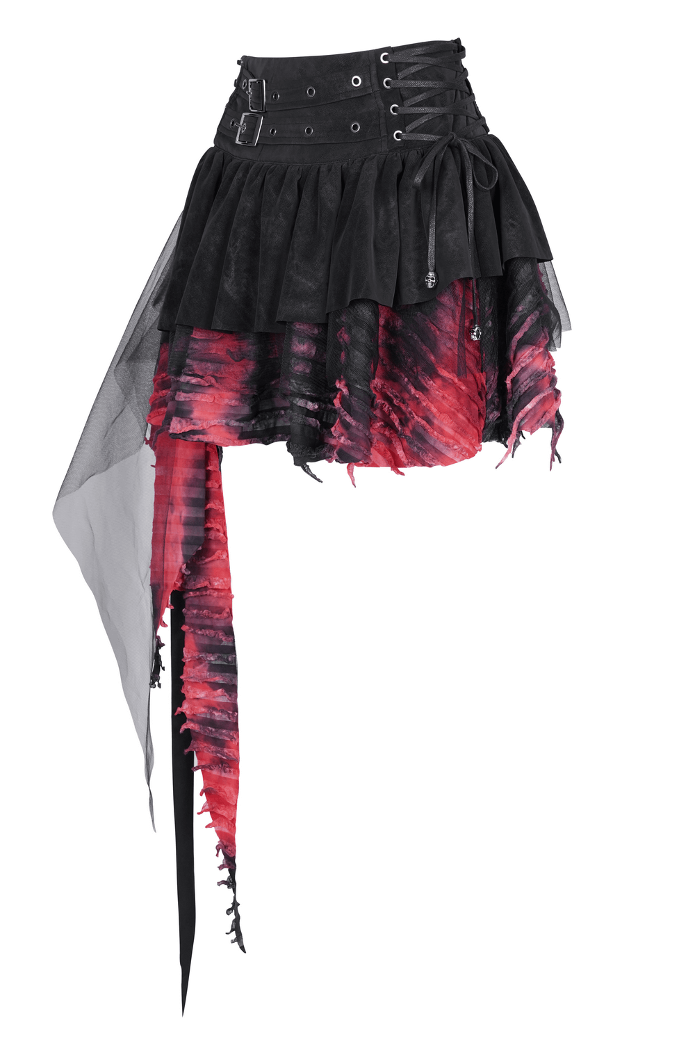 Layered asymmetrical gothic skirt in red and black with lace, tulle, and edgy buckle details for alternative fashion.