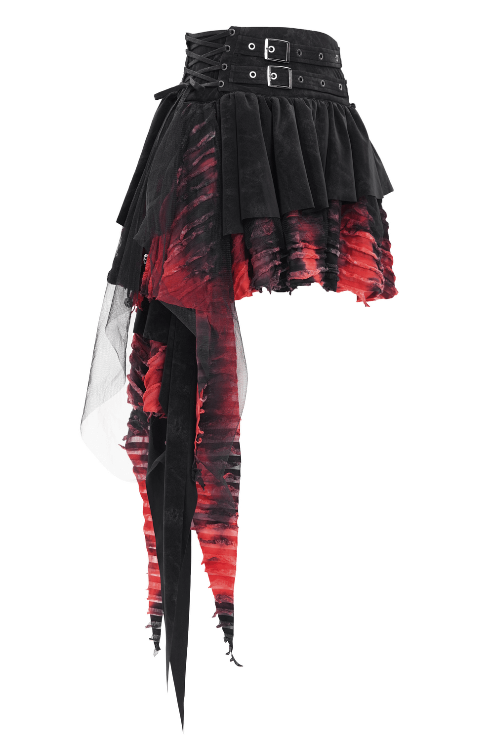 Layered asymmetrical gothic skirt in red and black with lace, tulle, and buckle details for an edgy alternative style.