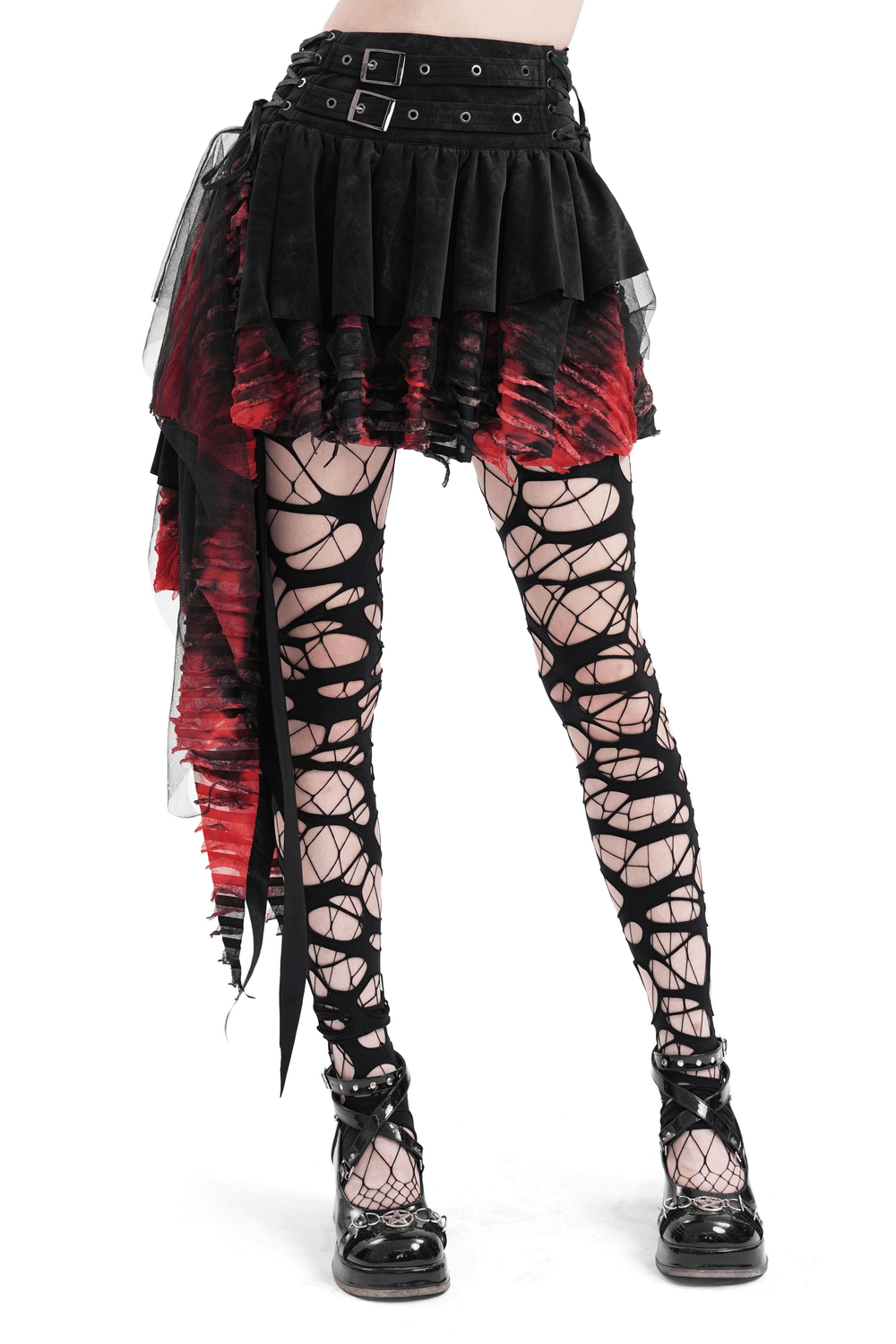 Layered asymmetrical gothic skirt in red and black with lace and tulle, paired with edgy laced leggings for alternative style.