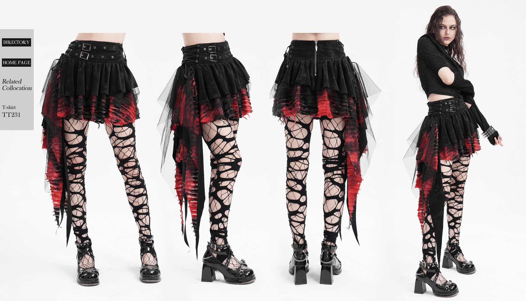 Layered asymmetrical gothic skirt in red and black with lace and tulle, paired with edgy lace-up tights and chunky heels.