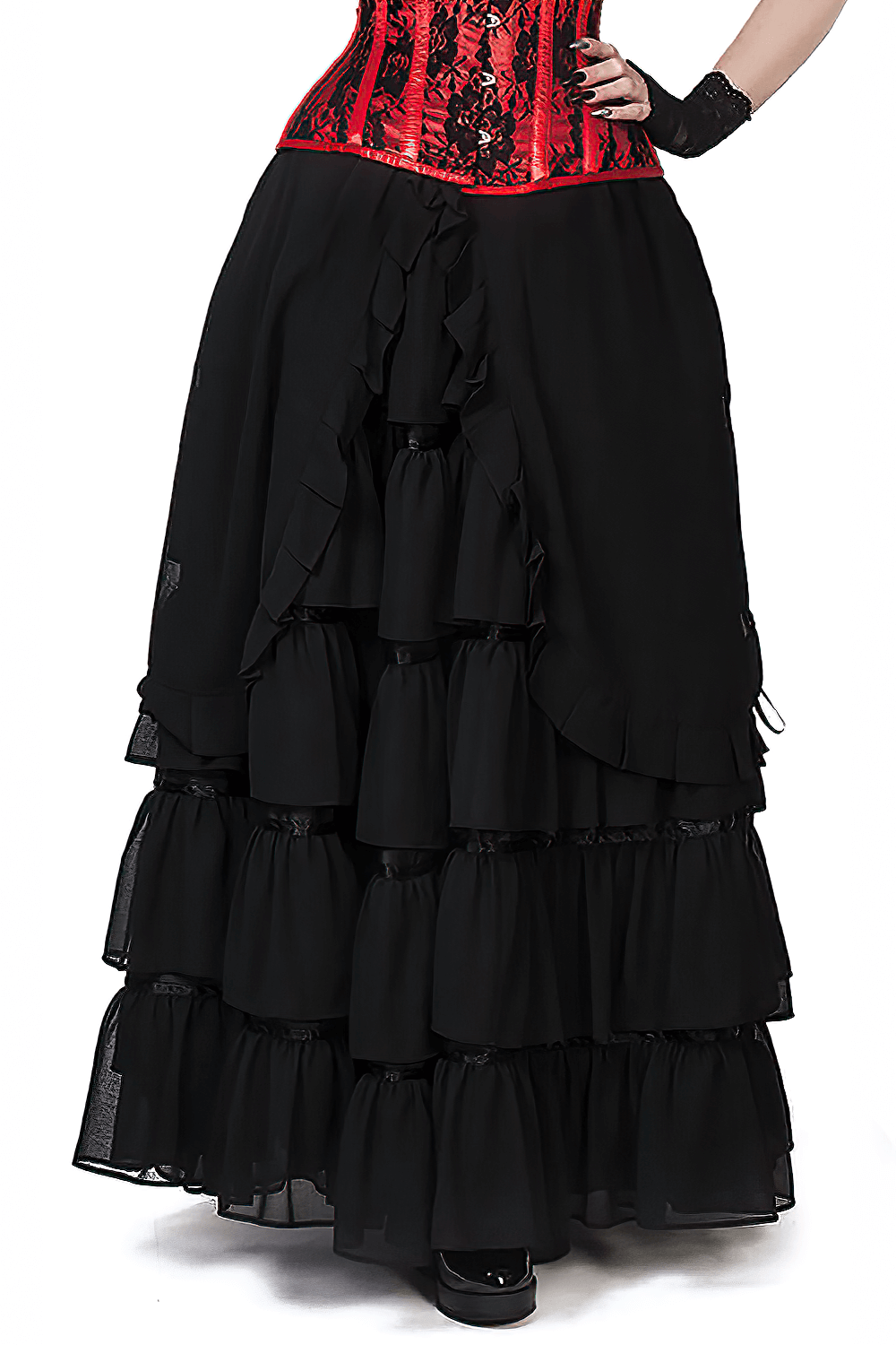 Layered black Victorian maxi skirt with ruffles, perfect for elegant evenings and historical reenactments.