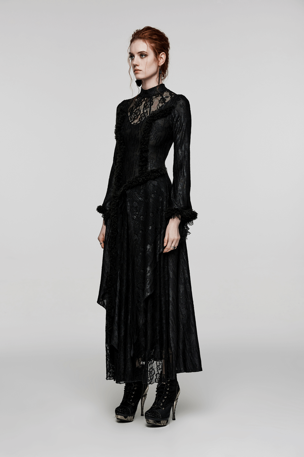Layered lace gothic long dress with Victorian details, featuring a high collar and elegant skirt silhouette.