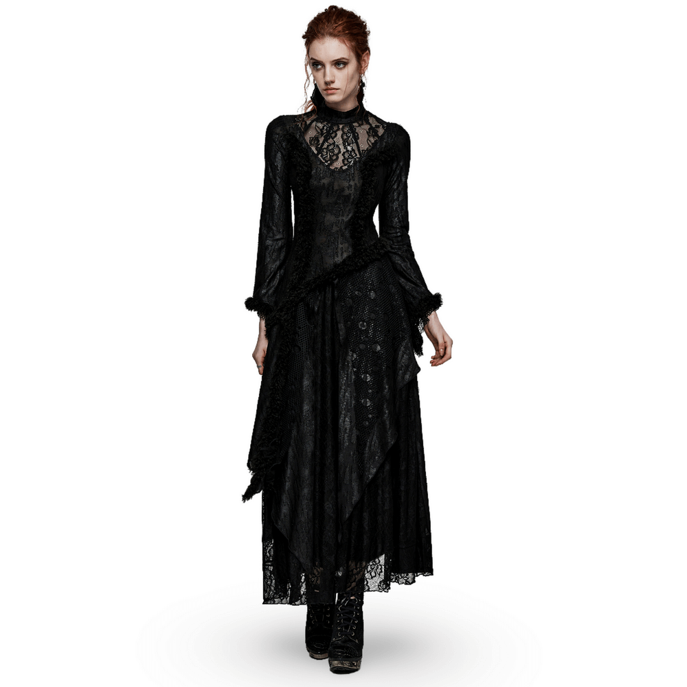 Gothic Elegance Layered Lace Dress with V-shaped neckline and intricate lace detailing.