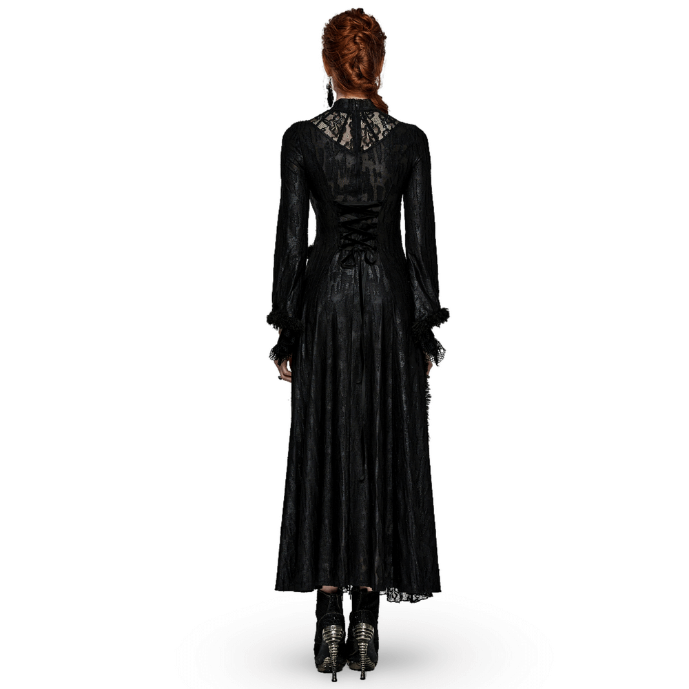 Back view of a layered lace Gothic long slim fit dress with high collar and elegant lace details.