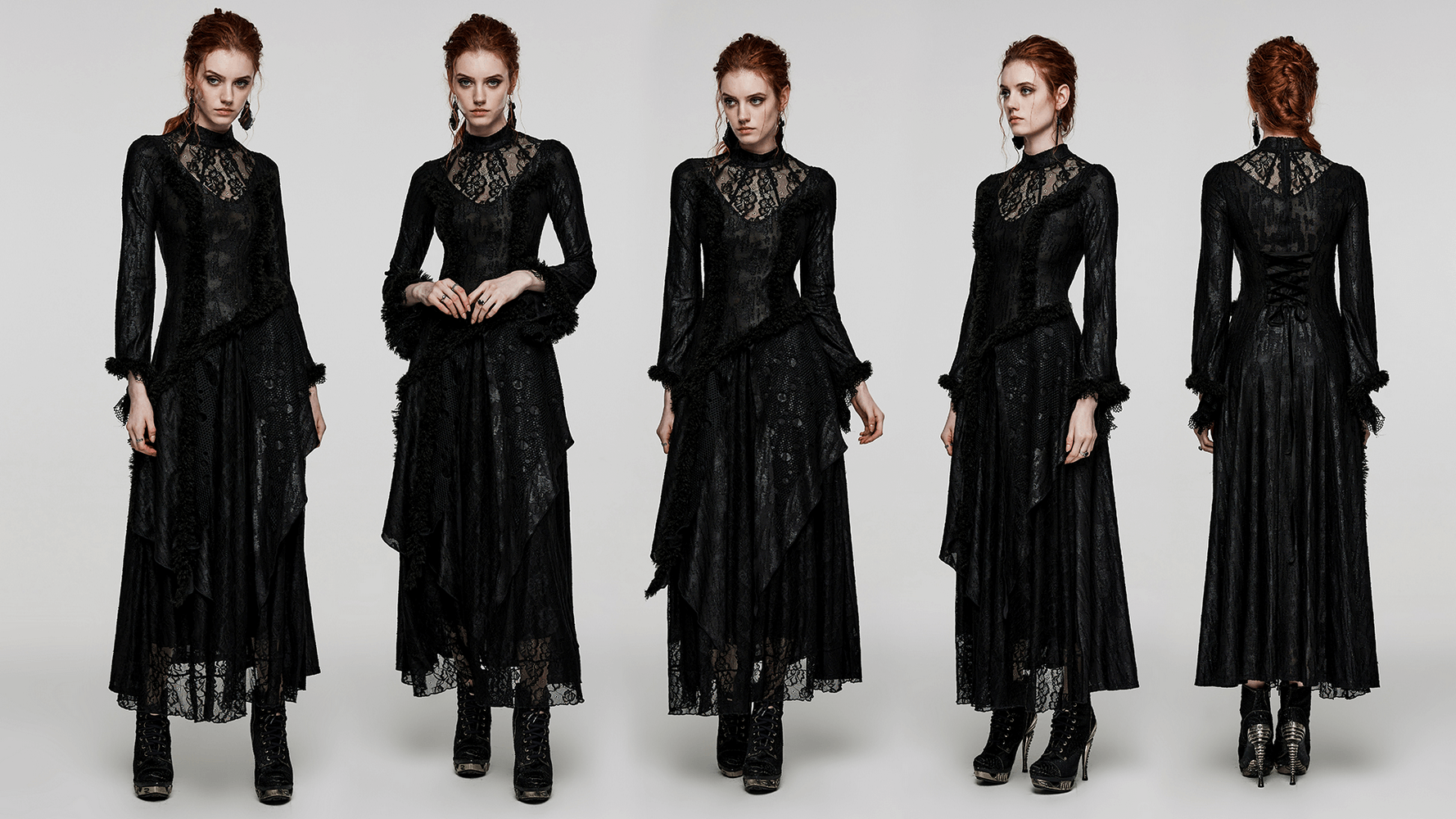 Layered lace gothic long dress with Victorian details, stylishly showcased from multiple angles.