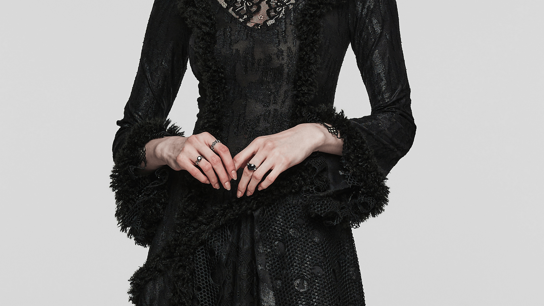Layered lace gothic elegance dress with intricate details and high collar, perfect for dark romance lovers.