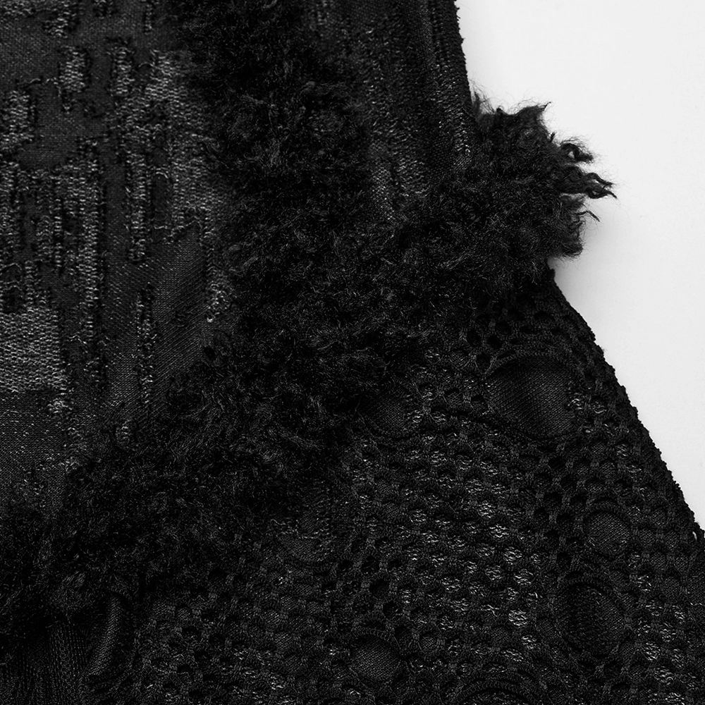Close-up of layered black lace detailing on a gothic elegance dress, showcasing intricate textures and dark romance.