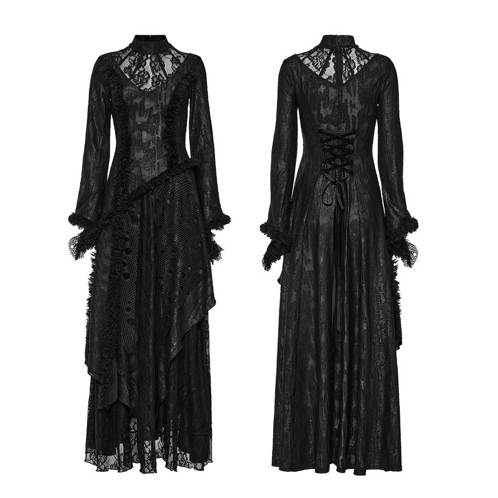 Layered lace gothic long dress with V-shaped hollows and back lacing, perfect for a Victorian-inspired look.