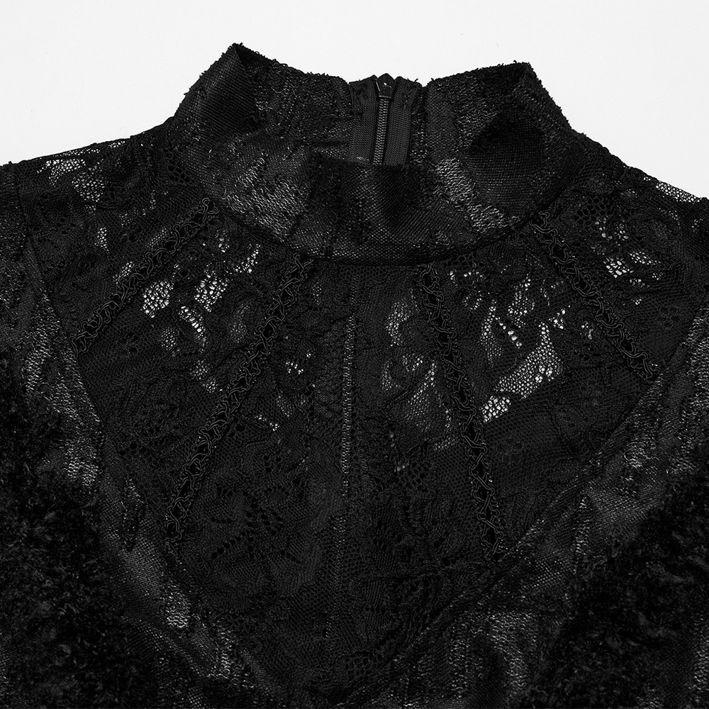 Close-up of high collar and intricate lace details on Gothic long dress with hidden back zipper.