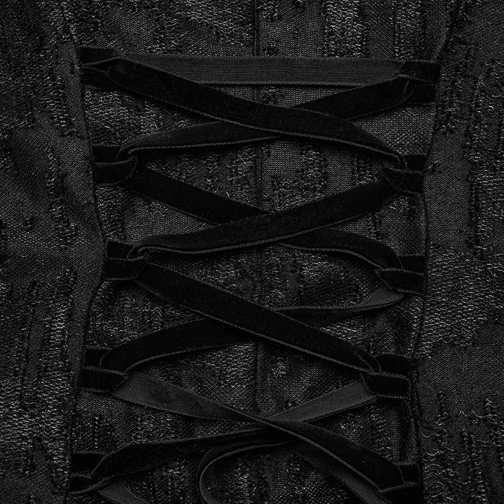 Close-up of layered lace detailing and crisscross design on a Gothic long dress for a sophisticated look.