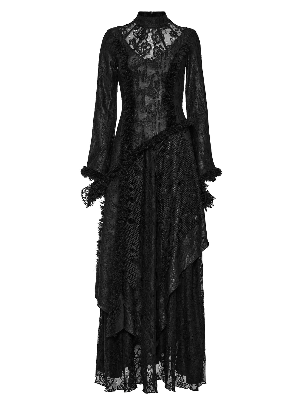 Layered lace gothic long slim fit dress with Victorian elegance and high collar, perfect for dark romance.