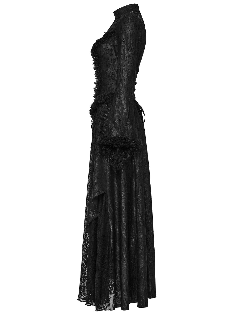 Stylish side view of a Gothic elegance long slim fit dress with layered lace, high collar, and Victorian-inspired design.