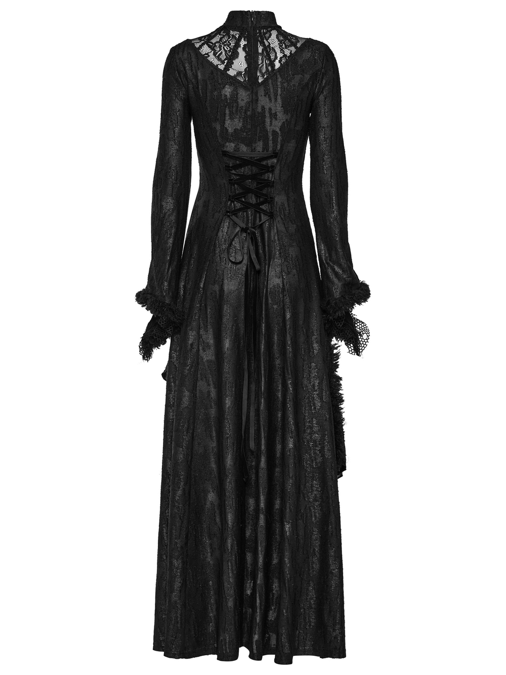 Back view of a gothic elegance long slim fit dress with lace details and layered skirt, perfect for dark romance.
