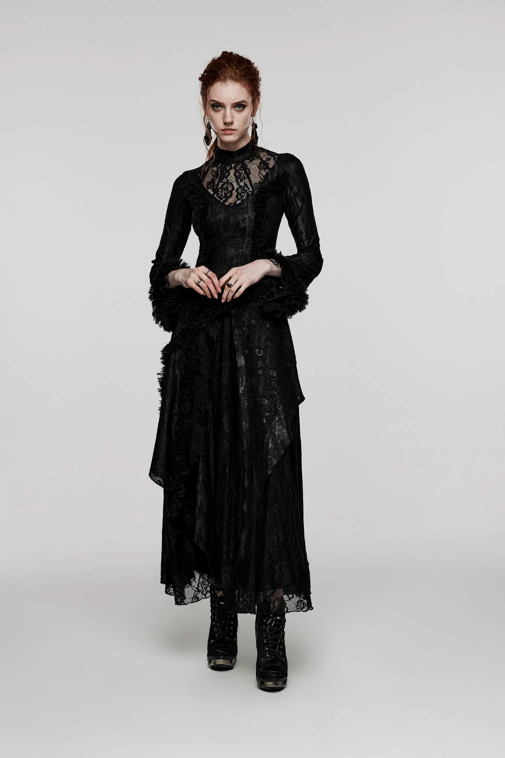 Layered Lace Gothic Elegance Long Slim Fit Dress - HARD'N'HEAVY