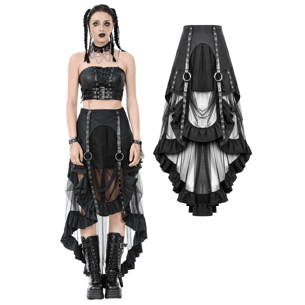 Dramatic black high-low ruffle skirt for women with layered mesh, buckles, and adjustable straps, perfect for punk glam.