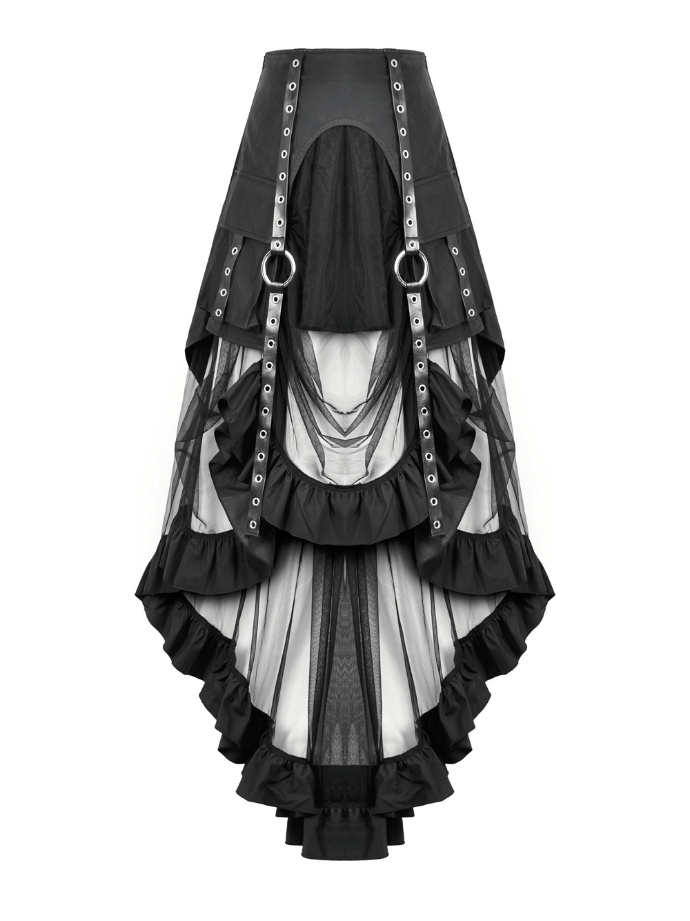 Punk black asymmetrical tulle high-low ruffle skirt with buckles and layered mesh for women.