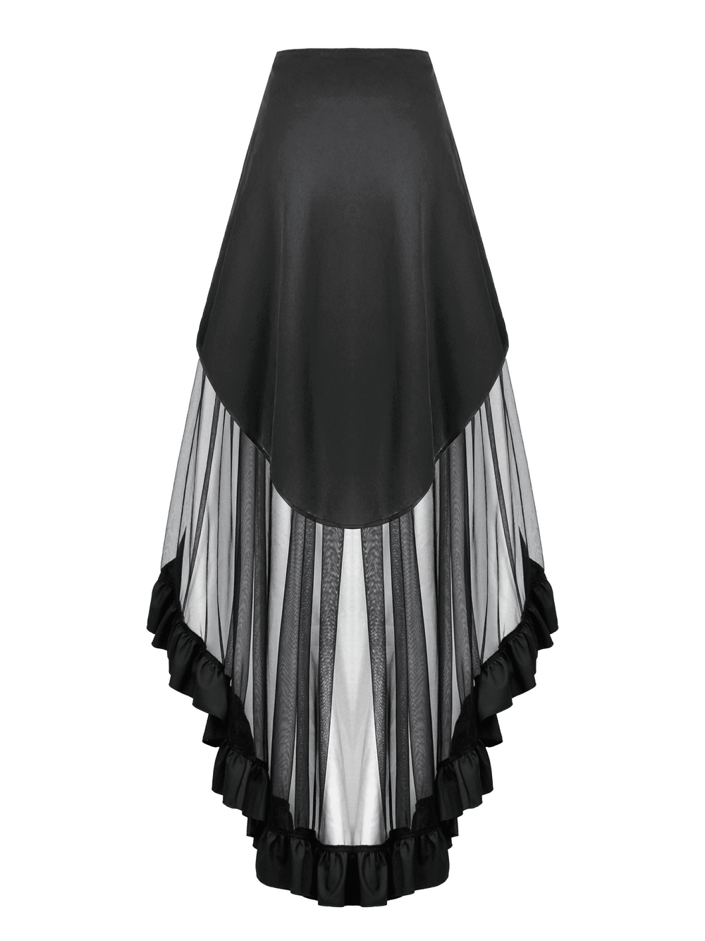Layered mesh and buckle high-low skirt for women, featuring ruffled trim and asymmetrical design in black.