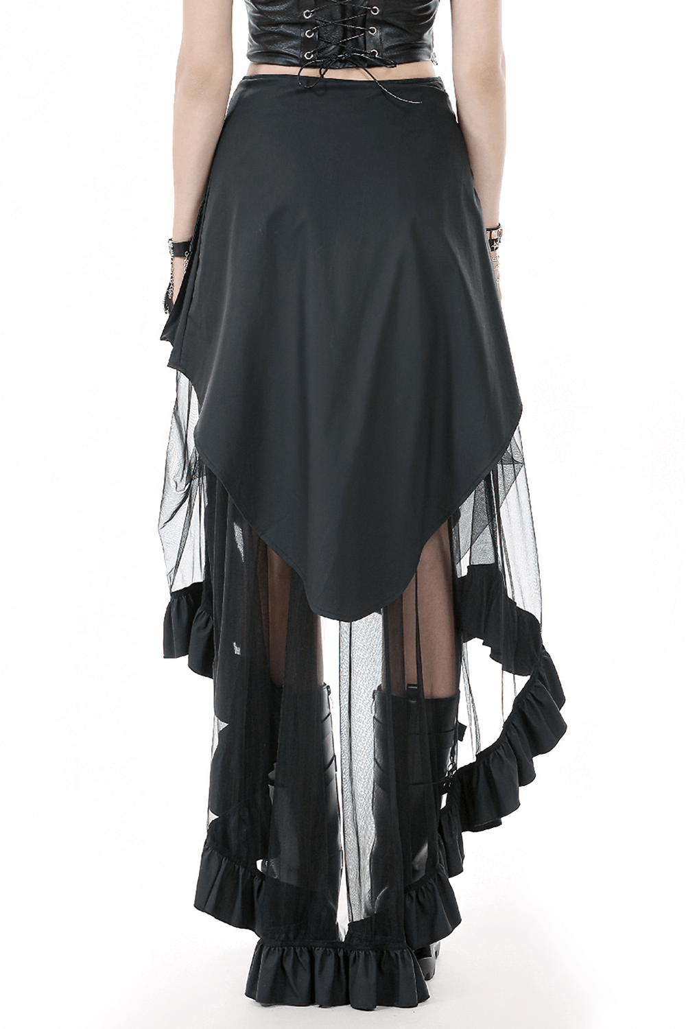 Back view of a women's black high-low ruffle skirt with layered mesh and buckles, showcasing its dramatic gothic design.