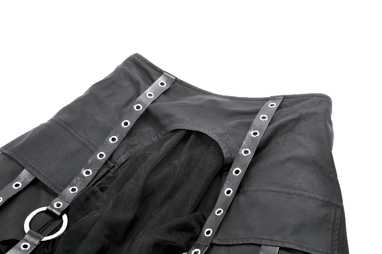 Close-up of a black high-low ruffle skirt with layered mesh and metal buckles for a gothic punk look.