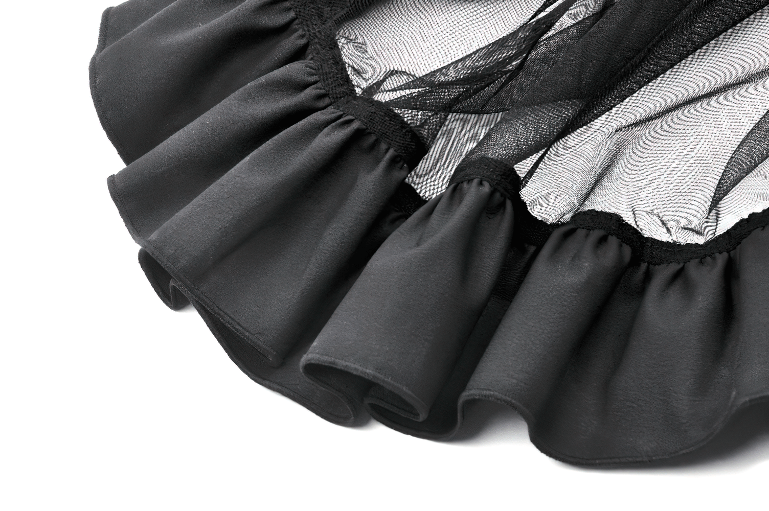Close-up of the layered ruffle trim on a punk black asymmetrical tulle skirt for women.
