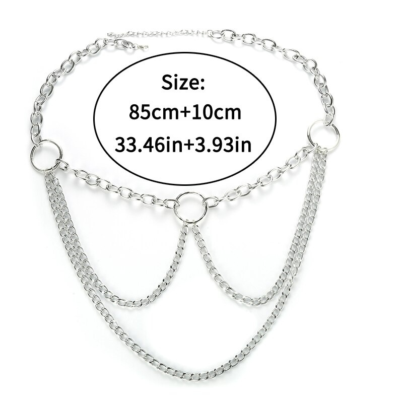 Layered metal chain belt for women in silver, showcasing an edgy alternative fashion accessory. Size: 85cm+10cm.