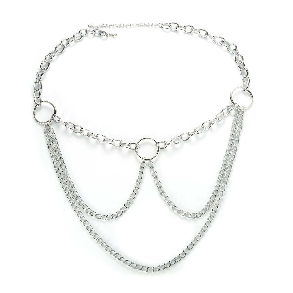 Layered metal chain belt for women, stylish zinc alloy accessory for alternative fashion, upgrades any outfit.