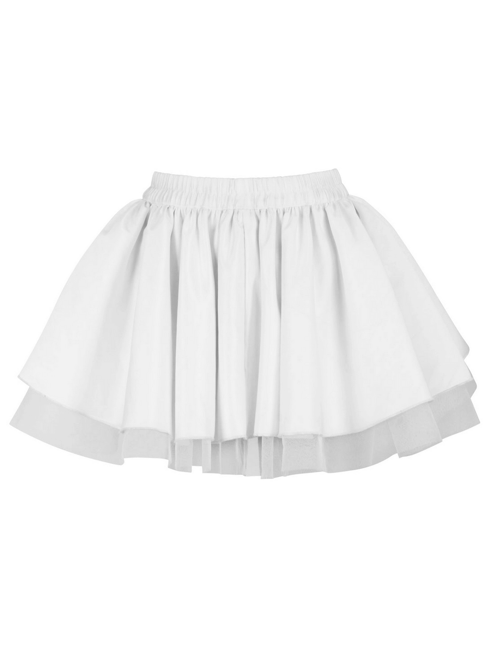 Layered White Mini Skirt with Tulle and Flared Silhouette, featuring a voluminous design with tulle layers.