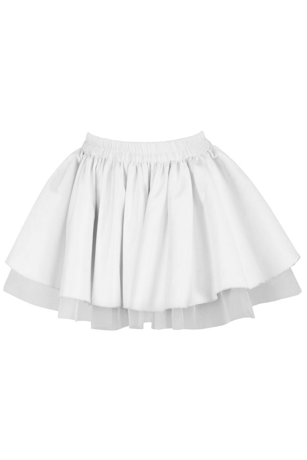 Layered White Mini Skirt with Tulle and Flared Silhouette showcasing airy tulle and satin layers for a chic look.