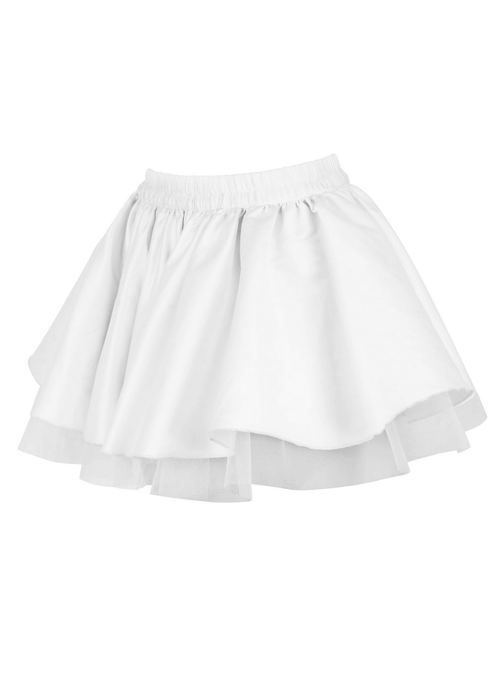 Layered White Mini Skirt with Tulle and Flared Silhouette, featuring a voluminous design and playful flared silhouette.