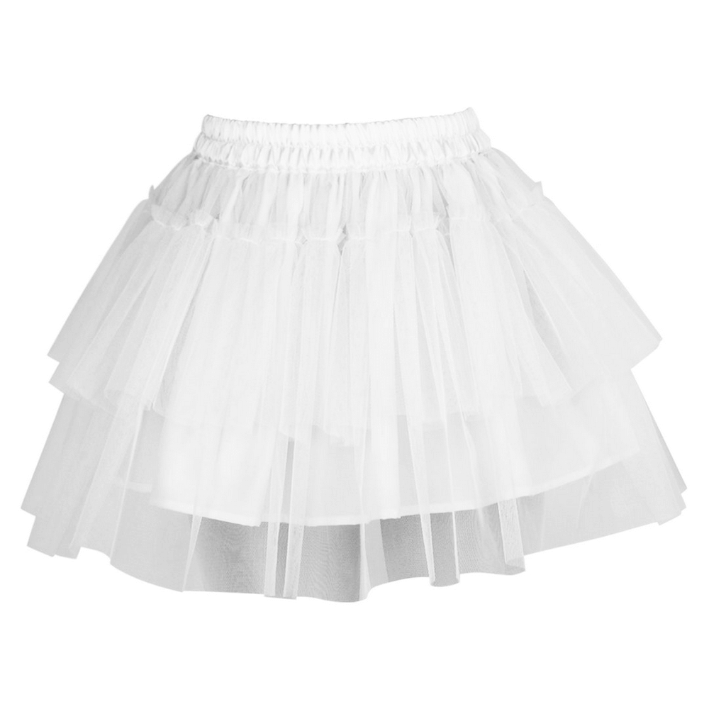 Layered White Tulle Mini Skirt with Elastic Waistband, flared multi-tiered skirt in soft tulle for a feminine touch.