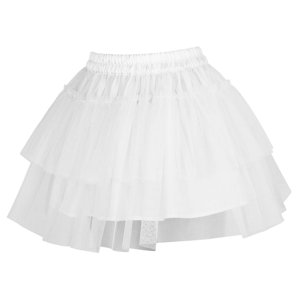 Layered White Tulle Mini Skirt with Elastic Waistband in a flared, multi-tiered style for women.