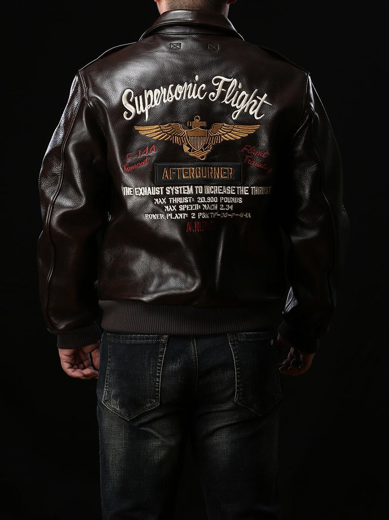 Men's leather bomber jacket with retro 'Supersonic Flight' embroidery, perfect for a stylish rock-inspired look.